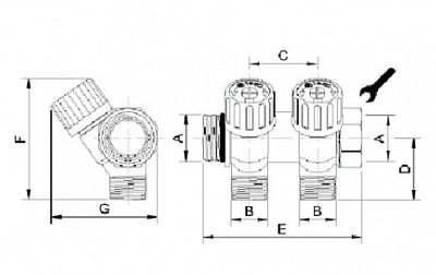 1135953 USYSTEMS коллектор SH 1" с вентилями НР/ВР 2x1/2"НР, ц/ц 38мм '5И